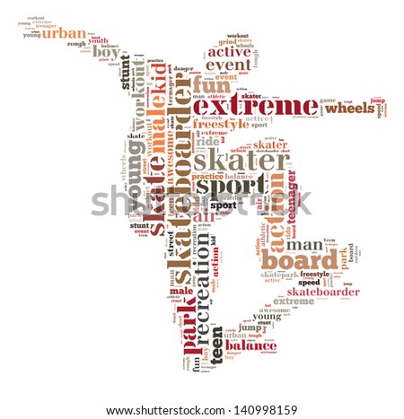Skateboarder info-colorful text graphic and arrangement concept on white background (word cloud)