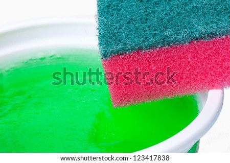 Sponge and dish soap on white