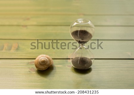 Snail house on green plank with a sand clock