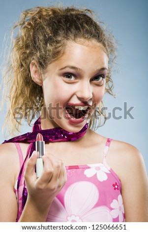 Girl with smeared lipstick smiling