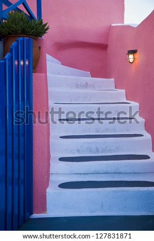 Detailed view of steps outdoors and light brightly colored