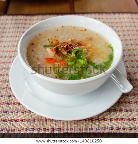 Asian style breakfast soft boiled rice, rice soup