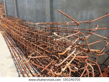 Steel rods used to reinforce concrete in construction site