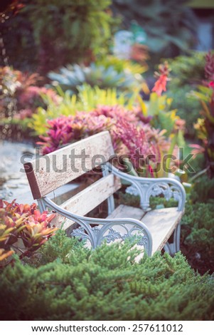 old vintage bench in flowers garden