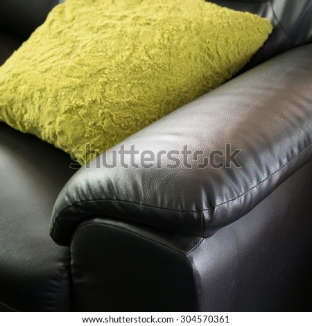 black leather sofa furniture with green pillow in living room