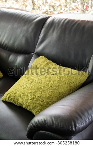 black leather sofa furniture with green pillow in living room