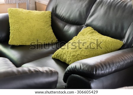 black leather sofa furniture with green pillow in livingroom