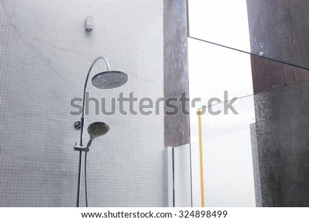 shower head in bathroom, design of home interior outdoor bathroom with open roof