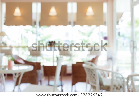 blur cafe background, interior decoration cafe coffee shop with white furniture style vintage
