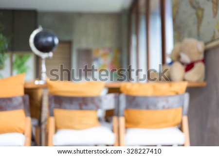 image blur background, living room interior decoration cafe coffee with wooden bar and chair barstool