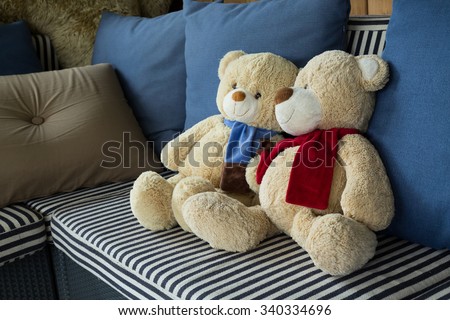 couple doll bear lover decorated on sofa furniture interior living room
