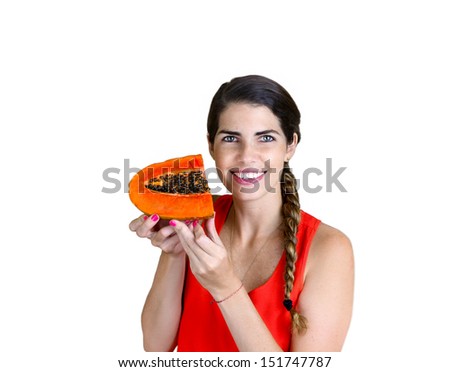 Love Fruits: Pretty Woman smiling while showing a Papaya