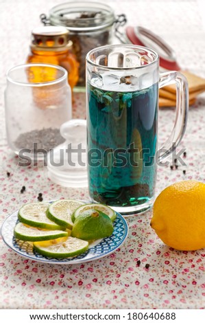Blue Thai tea with lime and lemon, blue water