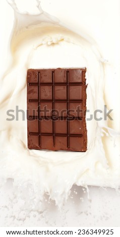 Dark chocolate splashed into fresh milk with white background.