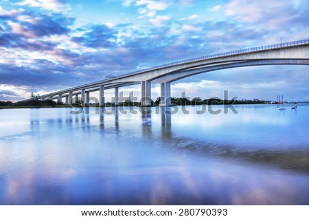 The Gateway Bridge (Sir Leo Hielscher Bridges) at sunset in Brisbane, Queensland, Australia.