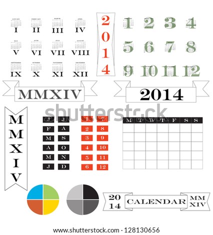 A set of calendars and calendar design elements for 2014 featuring roman numerals