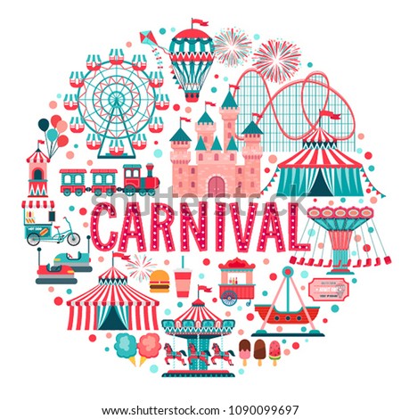 Amusement park concept, circus, carnival and fun fair theme set, with roller coasters, carousels, castle, air balloon. Vector illustration.