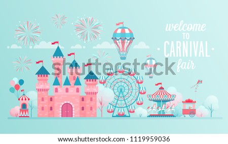 Amusement park landscape banners with castle, carousels and air balloon. Circus, Fun fair and Carnival theme vector illustration.