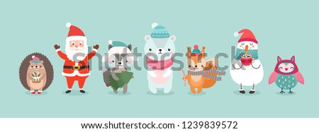 Christmas characters - animals, snowmen, Santa Claus. Cute Woodland characters, bear, wolf, hedgehog, owl and squirrel. Vector illustration.