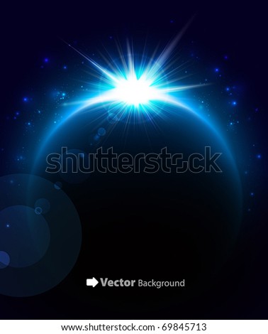 Rising Sun over the planet. Vector space background