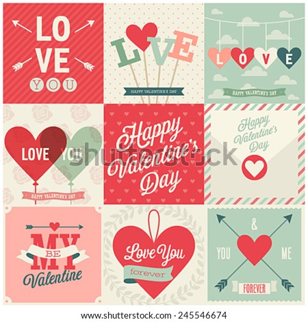 Valentine`s day set - emblems and cards. Vector illustration.