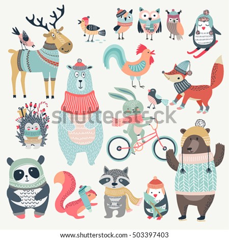 Christmas set with cute animals, hand drawn style. Vector illustration.