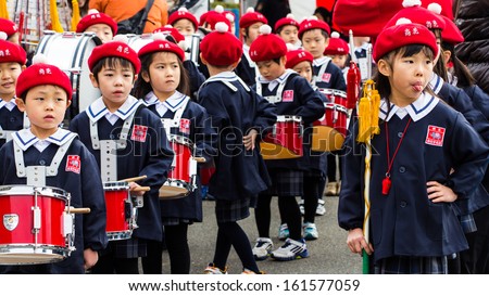 Kanagawa, Japan - January 5: Unidentified children prepares for the show in the New Year\'s Fire Review at Nissan Stadium on January 5, 2013 in Kanagawa, Japan.