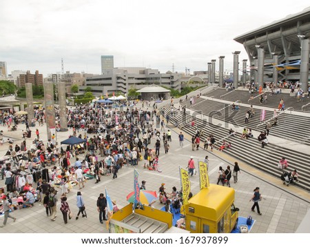 Yokohama, Japan - May 19: Shoppers come to flea market on May 19, 2013 at Nissan Stadium. It is the monthly flea market in Shin-Yokohama.