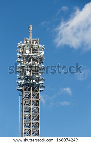 High-Tech sophisticated electronic communication tower with many different antennas