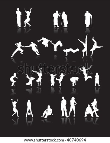 Silhouettes of people: fun children, young couples, sport teens, old age
