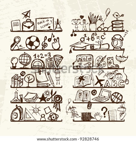 Objects for school on shelves, sketch drawing for your design
