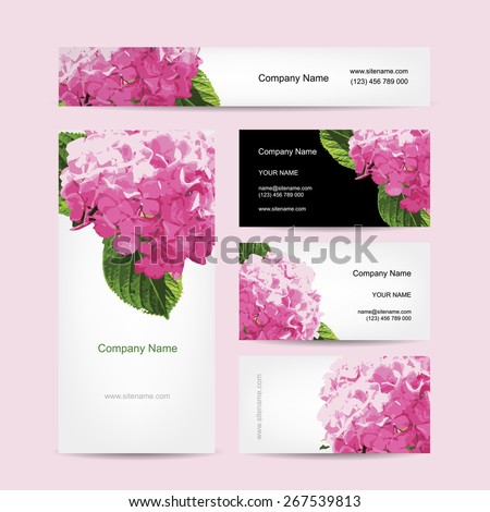 Set of business cards design with hydrangea flower, vector illustration