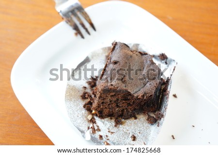 Bitten (eaten) brownie chocolate cake on plate with fork
