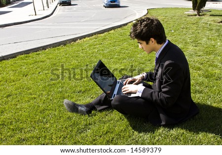 Outdoors working businessman, urban background