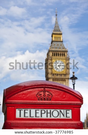 The Big Ben behind a telephone box. Focus on the telephone words.