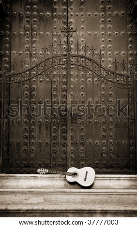 Spanish guitar in front of a cathedral doors