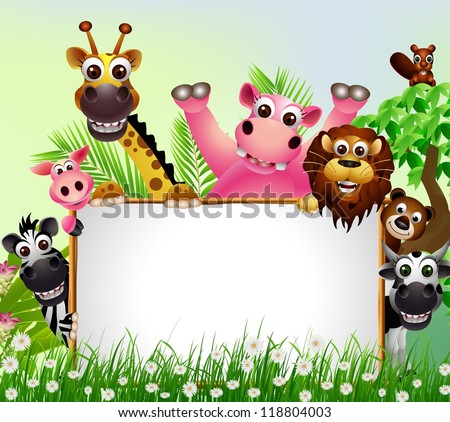 funny animal cartoon with blank sign and tropical forest background funny animal cartoon with blank sign and tropical forest background