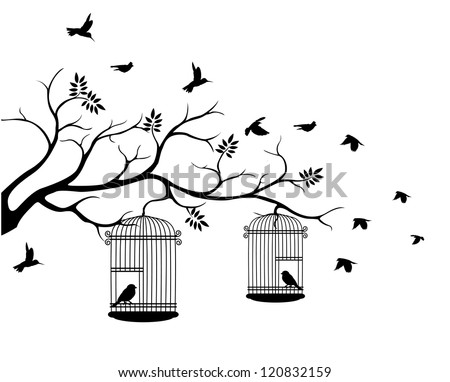 tree silhouette with birds flying and bird in a cage