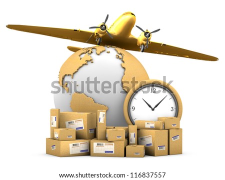 World shipments. Parcels, globe textured cardboard, watches and the airplane on a white background with clipping path.
