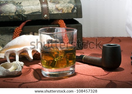 A glass of old whiskey on the rocks.