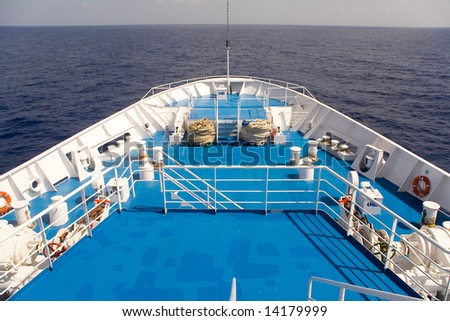 Deck of the ocean and sea passenger ship. Sea. Sky.