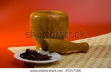 Mortar with a pestle and a plateau with spices on a red background