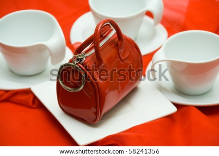 Red elegant female handbag the beautician on a red fabric among white ware