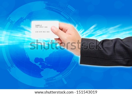 man hand show credit card around the world