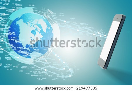 Conceptual image about how a smartphone wireless connection technology connects to other source of communication worldwide.
