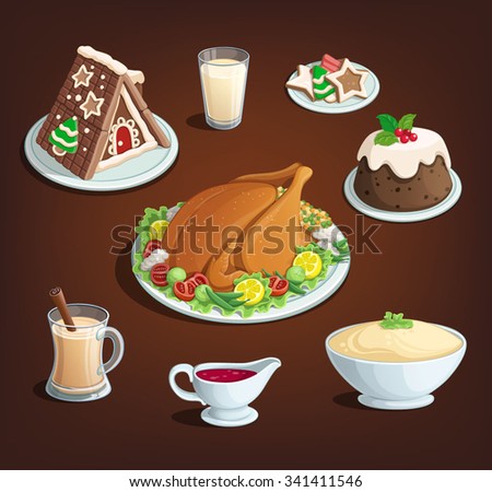 Christmas thanksgiving new Year dinner food dinner dishes illustration color vector black background icons menu