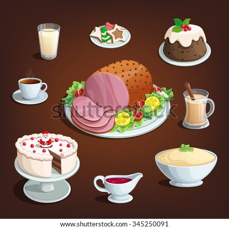 Christmas new Year dinner family food dishes icons illustration vector color dark background