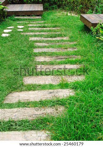 wood step on green grass