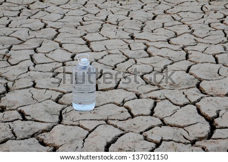 Lonely water bottle on Drought cracked earth