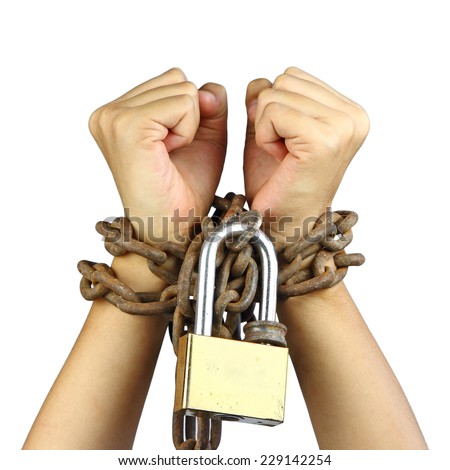 woman hands tied up with chain isolated on white background, Human rights violations concept